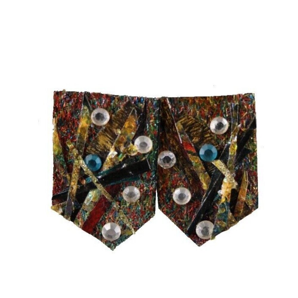 D Q Vintage Gold Red Multi Colored Rhinestones Wood 2.25" Pierced Earrings